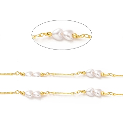 Golden Brass Bar Link Chains, with ABS Plastic Imitation Pearl Heart Beaded, Soldered, with Spool, Golden, 15x1.5x0.5mm, 23.5x6x4mm
