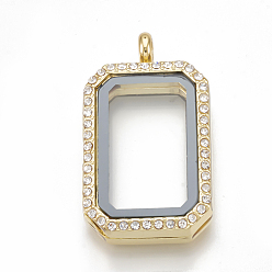 Golden Alloy Magnetic Locket Pendants, with Rhinestone and Glass, Rectangle, Crystal, Golden, 40.5x23.5x8mm, Hole: 4mm, Inner Measure: 24.5x15mm