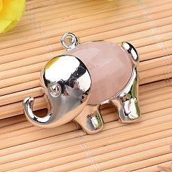 Розовый Кварц Природного розового кварца подвески, с латунной фурнитурой платинового цвета, слон, 29x38x10 мм, отверстие : 5x3.5 мм