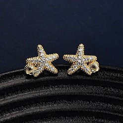 Морская звезда Латунные серьги из микро-паве прозрачного кубического циркония, реальный 18 k позолоченный, морская звезда, 10.5x12 мм