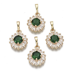 Green Brass Micro Cubic Zirconia Charms, with Snap on Bails, Flat Round, Light Gold, Green, 15x12x5mm, Hole: 6x4mm