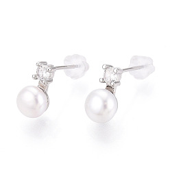 Платинированный Серьги-гвоздики из натурального жемчуга из латуни, с четким кубического циркония, полукруглый, Реальная платина, 10.5~11x6.5~7 мм