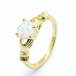 Golden Synthetische opale Fingerringe, mit Zirkonia und Messing Zubehör, langlebig überzogen, irisches Herz, Größe 7, weiß, golden, 17 mm