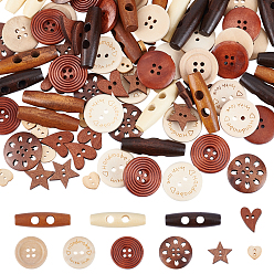 Mixed Color 120Pcs 11 Style Wooden Buttons, Oval & Flat Round & Heart & Star, Mixed Color, 120pcs/box