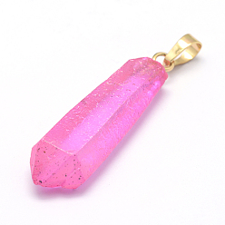 (966) Внутренний цвет Кристалл / Лиловато-лиловый на подкладке Гальванизированные натуральные кристаллы из кварцевого кристалла, с латунной фурнитурой золотого цвета, самородки, окрашенные, с покрытием цвета радуги, 33~62x6~18 мм, отверстие : 5x8 мм