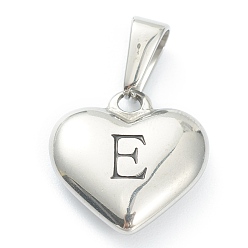 Letter E 304 Stainless Steel Pendants, Heart with Black Letter, Stainless Steel Color, Letter.E, 16x16x4.5mm, Hole: 7x3mm