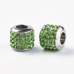 Перидот 304 из нержавеющей стали европейские шарики, со стразами классом a , бусины с большим отверстием, баррель, перидот, 10x9.5 мм, отверстие : 5 мм