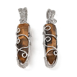 Тигровый глаз Природных тигровый глаз подвески, с платиновым тоном, покрытие стойки, обмотка латунной проволокой, без свинца и без кадмия, конус, 61x15.5x14 мм, отверстие : 4 мм