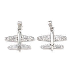 Платина Латунные микропаве прозрачные подвески с фианитом, прелести самолета, платина, 17x20x3.5 мм, отверстие : 4.5x2.5 мм