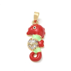 Sea Horse Brass Enamel Pendants, with Rhinestone, Golden, Sea Horse Charms, 22.5x9.5x4mm, Hole: 4x2.5mm