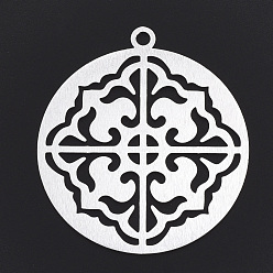 Silver Aluminium Big Pendants, Laser Cut Big Pendants, Flat Round with Flower, Silver Color Plated, 55x50x1mm, Hole: 3mm