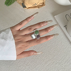 Смешанные камни Натуральный аметист, натуральный зеленый авантюрин и натуральный кристаллический кварц 304 кольца из нержавеющей стали, овальные, цвет нержавеющей стали, внутренний диаметр: регулируемый