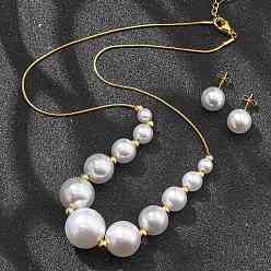 Настоящее золото 18K Круглые пластиковые серьги-гвоздики и ожерелья с имитацией жемчуга, 304 комплекты украшений из нержавеющей стали для женщин, реальный 18 k позолоченный, 17.91 дюйм (455 мм)