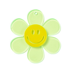 Pale Green Transparent Acrylic Big Pendants, Sunflower with Smiling Face Charm, Pale Green, 55x50.5x6mm, Hole: 2.5mm