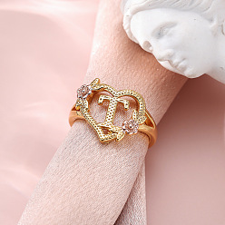 Letter T Сердце с цветком полые латунные перстни, золотой и розовое золото, Письмо T, внутренний диаметр: 17 мм