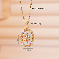 Звезда Подвеска из латуни с микропаве из прозрачных кубических цирконий и натуральным белым перламутровым камнем 304 цепочка из нержавеющей стали для женщин, реальный 18 k позолоченный, звезда, 15.75 дюйм (40 см), Кулон : 22x14.5 мм