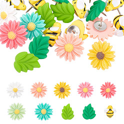 Color mezclado Hierro mapa pin, Dibujo push pins, con resina, para fotos de pared, mapas, tablón de anuncios o paneles de corcho, flor y abeja y hoja, color mezclado, abeja: 18.5x18x17.5 mm, flor: 22x22x15 mm, hoja: 20x17x13 mm, pasador: 1 mm, 30 unid / caja, caja: 70x91x28 mm