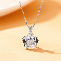 Stainless Steel Color 304 Stainless Steel Pave Clear Cubic Zirconia 5-Petal Flower Pendant Necklaces for Women, Stainless Steel Color, 17.72 inch(45cm)