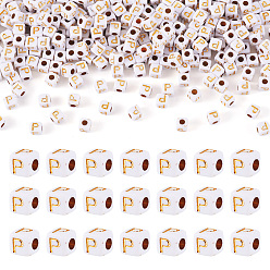 Letter P Непрозрачные акриловые бусины, с металлическим обрамлением, кубические, Письмо P, 4.5x4.5x4.5 мм, отверстие : 2 мм