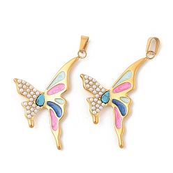 Золотой 304 нержавеющей стальной эмали подвески, подвески-бабочки с синтетической бирюзой и искусственным жемчугом из АБС-пластика, ионное покрытие (ip), золотые, 37.5x28.5x3.5 мм, отверстие : 5.5x3 мм