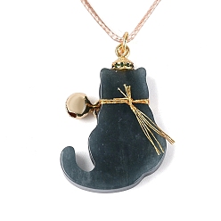 Myanmar Jade Natural Myanmar Jade Cat Pendant Adjustable Cord Necklaces, with Brass Pave Cubic Zirconia & Iron Bells, Golden, 15.75 inch(40cm)~16.14 inch(41cm)
