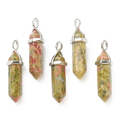 Mixed Stone Natural & Synthetic Gemstone Pendants, with Platinum Tone Brass Findings, Bullet, 39.5x12x11.5mm, Hole: 4.5x2.8mm
