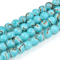 Темно-бирюзовый Выпечки нарисованных стеклянных бусин прядей, круглые, волочильных стиле, темные бирюзовый, 7.5~8.5 мм, отверстие : 1.2~1.4 мм, около 102~119 шт / нитка, 29.53~34.25 дюйм (75~87 см)