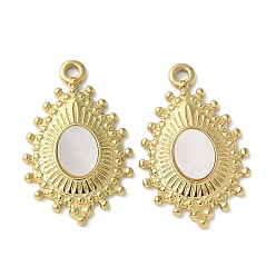 Настоящее золото 18K Подвески в форме капли 304 из нержавеющей стали с покрытием из натуральной раковины пауа/белой раковины, ионное покрытие (IP), реальный 18 k позолоченный, 27x17x2.5~3 мм, отверстие : 1.6 мм