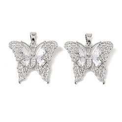 Платинированный Подвески из латуни и прозрачного циркония, бабочки прелести, Реальная платина, 25x28.5x4.5 мм, отверстие : 6.5x4 мм