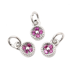 Темно-Розовый Латунные микро проложить кубического циркония подвески, плоский круг с подвеской в виде клевера, без свинца и без кадмия, долговечный, стойки покрытие, платина, темно-розовыми, 8x6x2 мм, Перейти кольцо: 5x1 мм, внутренний диаметр: 3 мм