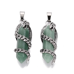 Green Aventurine Natural Green Aventurine Double Terminal Pointed Pendants, Alloy Dragon Wrapped Faceted Bullet Charms, Antique Silver, 38~40.5x13.5~14x12.5~13.5mm, Hole: 7.5x4mm