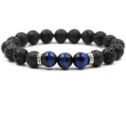 Tiger Eye 8MM Round Dyed Natural Blue Tiger Eye and Natural Lava Rock Beaded Stretch Bracelets for Couples, 7.48 inch(19cm)