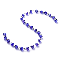Blue Handmade Electroplate Glass Beaded Chains, with Platinum Plated Iron Eye Pin, Unwelded, Blue, 39.37 inch(100cm), Beads: 8x6mm