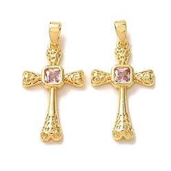 Plaqué 18K Or Véritable Pendentifs en laiton micro pavé de zircons cubiques roses, breloques en forme de croix martelée, réel 18 k plaqué or, 25x15x3mm, Trou: 4x2.5mm