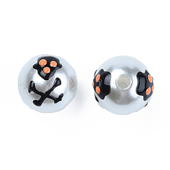 Black ABS Plastic Imitation Pearl Beads, with Enamel, Round with Skull, Black, 12.5x12x11.5mm, Hole: 2mm
