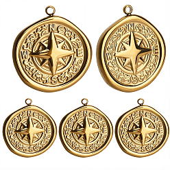 Настоящее золото 18K 6шт. вакуумное покрытие pvd 201 подвески из нержавеющей стали, плоский круглый с подвеской в виде компаса, реальный 18 k позолоченный, 21x19.5x2.5 мм, отверстие : 1.4 мм