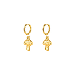Mushroom 304 Stainless Steel Hoop Dangle Earrings for Women, Real 18K Gold Plated, Mushroom, 32x13mm