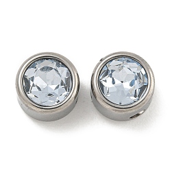 Светло-голубой 304 нержавеющая сталь с 9 стеклянными бусинами-стразами, плоско-круглые, платина, светло-голубой, 8x6.5 мм, отверстие : 1.8 мм
