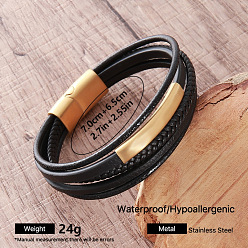 Golden Vintage 304 Stainless Steel Men's Braided PU Leather Bracelets with Metal Clasps, Black, Golden, Inner Diameter: 2.76 inch(7cm)