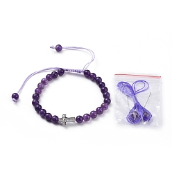 Amethyst Natural Amethyst Braided Bead Bracelets, with Nylon Thread and Brass Micro Pave Cubic Zirconia Beads, Cross, 2-1/8 inch~3-3/4 inch(5.5~9.5cm)