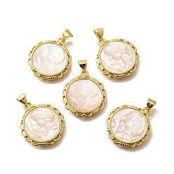 Золотой Латунь с резными подвесками из натуральной ракушки, стойки покрытие, плоско-круглые, золотые, 22x19.5x3.5 мм, отверстие : 3x4 мм