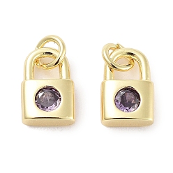 Medium Purple Brass Micro Pave Cubic Zirconia Charms, with Jump Ring, Lock, Real 18K Gold Plated, Medium Purple, 9x5.5x2.5mm, Hole: 1.6mm