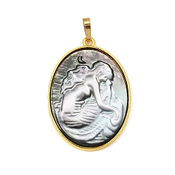 Black Lip Shell Rack Plating Carved Natural Black Lip Shell Pendants, Oval with Goddess Charm, with Brass Findings, 34.5x24x3mm, Hole: 5.5~6x3~3.5mm