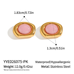 Oval 304 Stainless Steel Natural Rose Quartz Stud Earrings for Women, Golden, Oval, 18.3x13mm