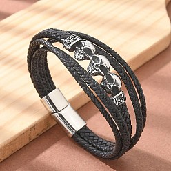 Черный Плетеные браслеты из микрофибры и кожи, многорядные, 304 браслеты из нержавеющей стали с подвесками в виде черепа для женщин и мужчин, чёрные, 8-5/8 дюйм (22 см)