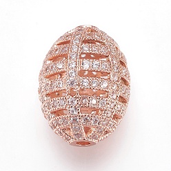 Розовое Золото Латунные микро проложить кубического циркония бусы, регби, прозрачные, розовое золото , 20x15 мм, отверстие : 2 мм