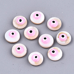 Pink Natural Freshwater Shell Beads, with Enamel, Flat Round with Evil Eye, Pink, 9x4.5mm, Hole: 0.8mm