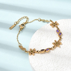 Purple Velvet 304 Stainless Steel Rhinestone Flower Leaf Link Chain Bracelets, Ion Plating(IP), Golden, Purple Velvet, 5.91 inch(15cm)