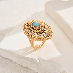Бирюза Геометрические полые латунные микропаве регулируемые кольца для женщин, лошадиный глаз , золотые, бирюзовые, 31x20 мм, внутренний диаметр: регулируемый