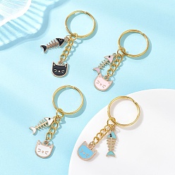 (52) Непрозрачная лаванда 4шт. брелоки в форме кошки с рыбьей костью из эмалированного сплава, с железными разрезными брелоками, золотые, разноцветные, 65.5 мм